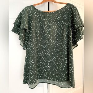 Flutter-Sleeve Hunter Green Polkadot Top
